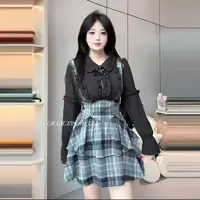 【莹莹推荐】韩系polo领花边衬衫女秋季胖mm格纹背带裙显瘦套装