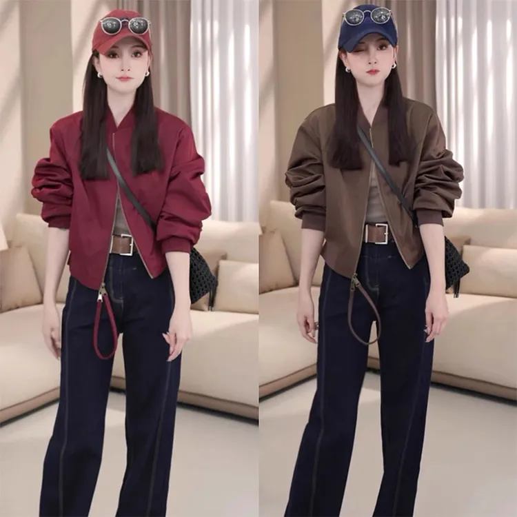 时尚短款红色棒球服外套女春季2025新款小个子设计感开衫运动上衣