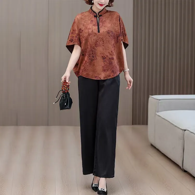 2025新款春夏季女高贵宽松上衣裤子两件套气质妈妈时尚中国风套装