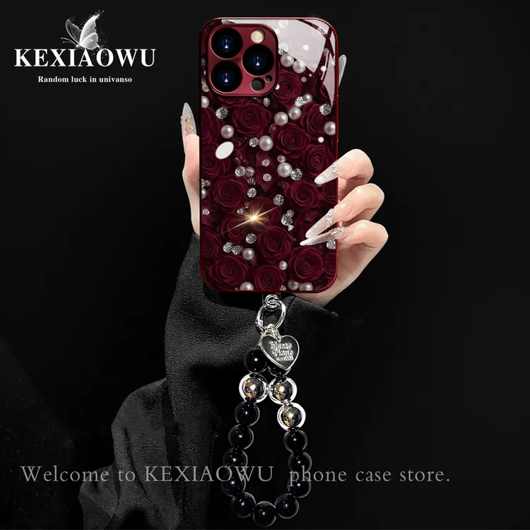 酒红电镀玻璃珍珠玫瑰适用苹果oppo华为vivo小米手链手机壳