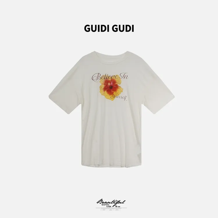 GUIDI GUDI【暧昧的花】黄加蓝时尚百搭花花短袖T恤