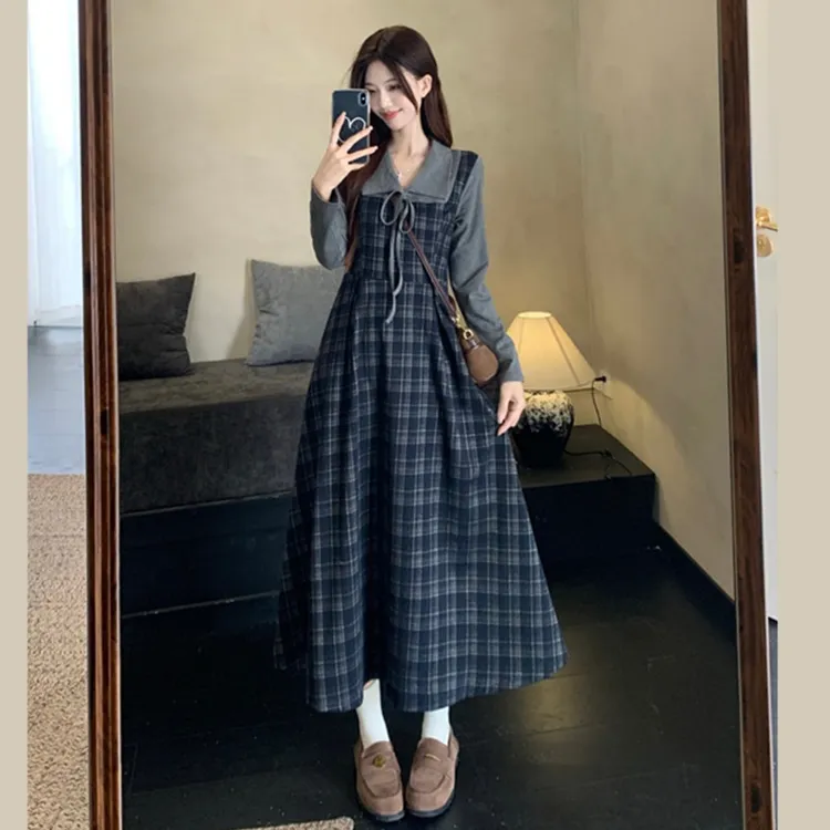 法式复古格子连衣裙女2025新款大码胖mm收腰假两件巨好看长袖裙子