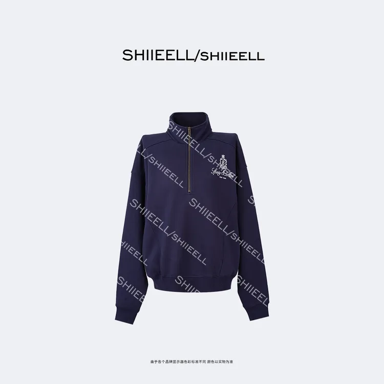 SHIIEELL美式复古棉质半拉链字母绣花休闲卫衣WY215