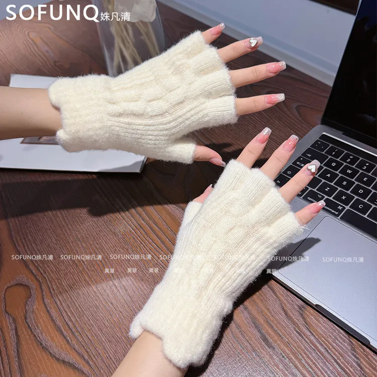 手套女冬季露指针织分指半掌五指毛线骑行保暖可爱可触屏纯色百搭