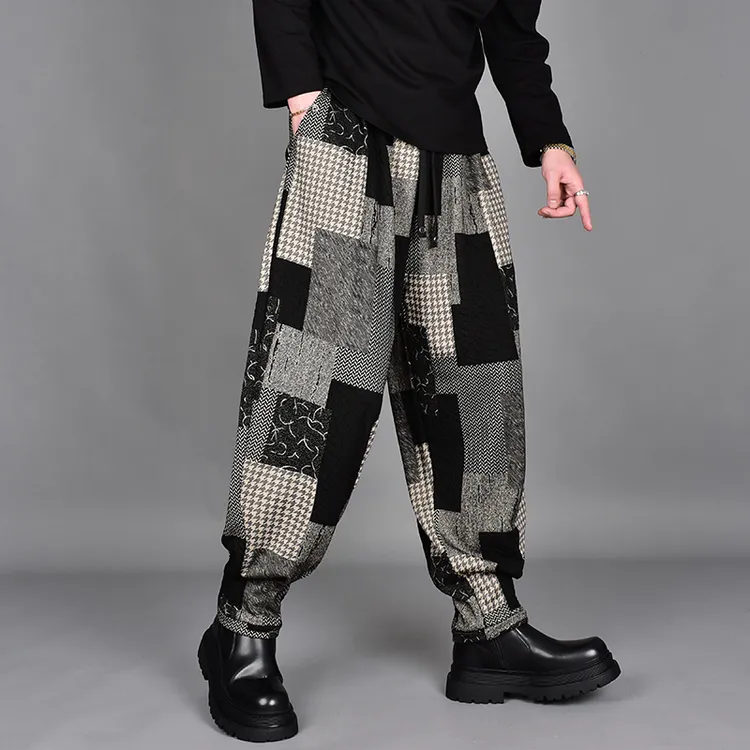 高档时尚撞色格子裤男锥形老爹裤冬季几何图案哈伦小脚裤大码潮流