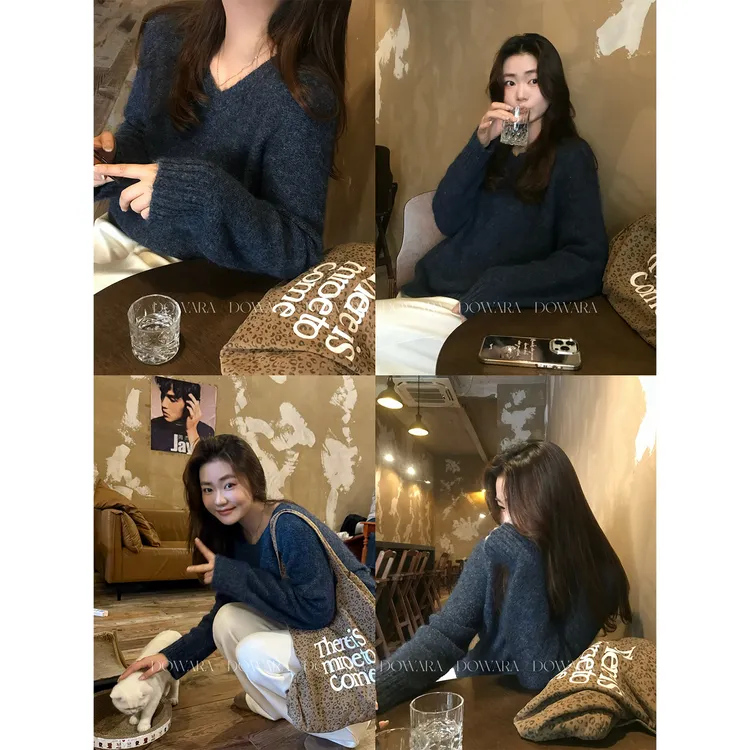 大婉酱微胖定制【龙舌兰】绵羊毛V领慵懒感显瘦平纹女毛织上衣1170D