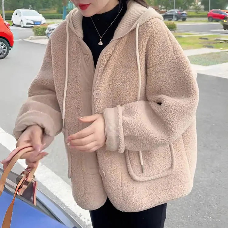 秋冬新款洋气可拆卸连帽颗粒绒毛呢外套女宽松加厚皮毛一体上衣潮