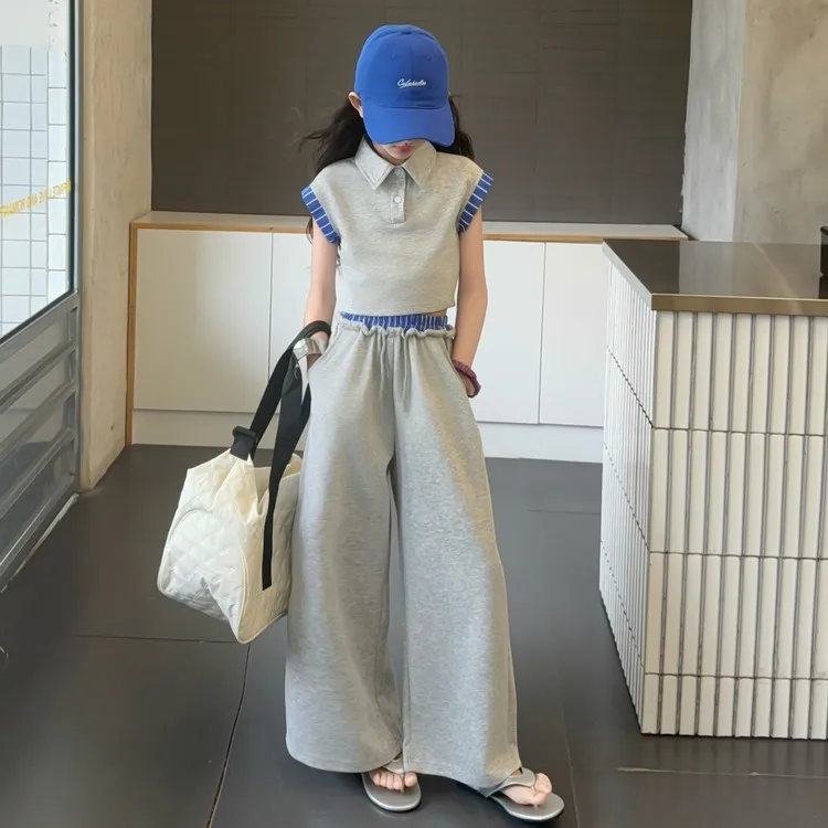 儿童衣服女孩2025新款爆款大童女孩夏装女童阔腿裤套装洋气polo衫