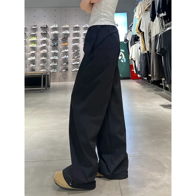 藏青色斜切弯刀裤子男夏季尼龙速干工装裤垂坠感冰丝微喇阔腿长裤