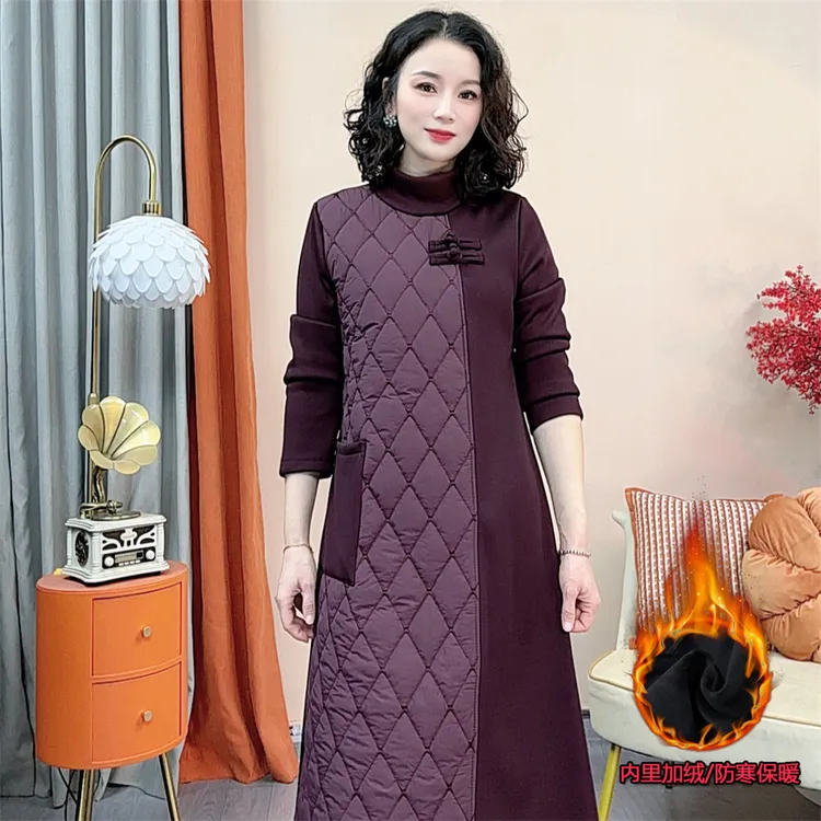 加绒保暖冬季加厚时尚弹力大气大码连衣裙冬季腰A字裙长袖洋气