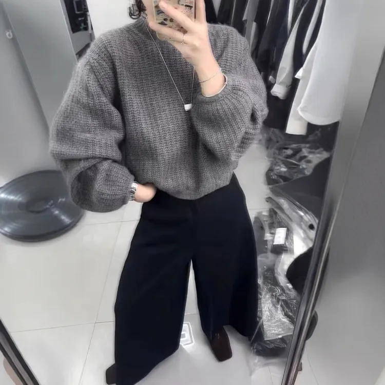 2025秋季新款宽松套头舒适上衣搭配高腰阔腿裤时尚洋气韩系套装女