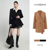 允硕秋冬新品时尚百搭呢子短正肩V领气质显瘦简约大衣外套496119