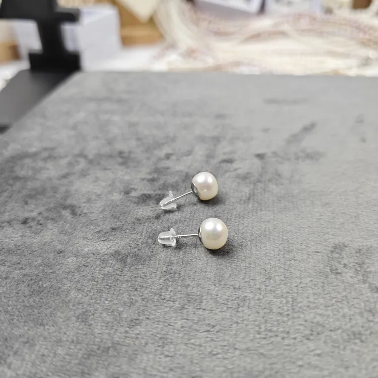 银耳钉真珍珠耳环饰品白色银针纯天然淡水馒头珠7-8mm