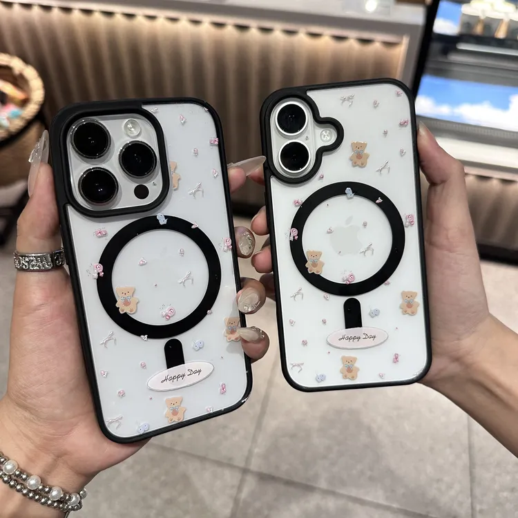 卡通蝴蝶结小熊玩偶磁吸手机壳适用苹果16iPhone15pro/14/13防摔