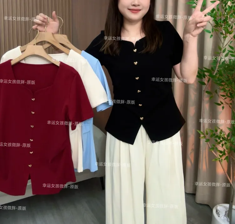2025夏季新款大码胖mm显瘦高级感法式百搭打底短袖上衣