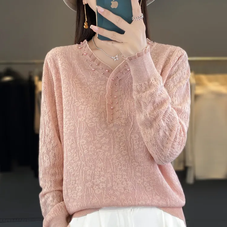 微胖mm春秋大码女士毛衣遮肚子巨显瘦v领上衣内搭蕾丝针织打底衫