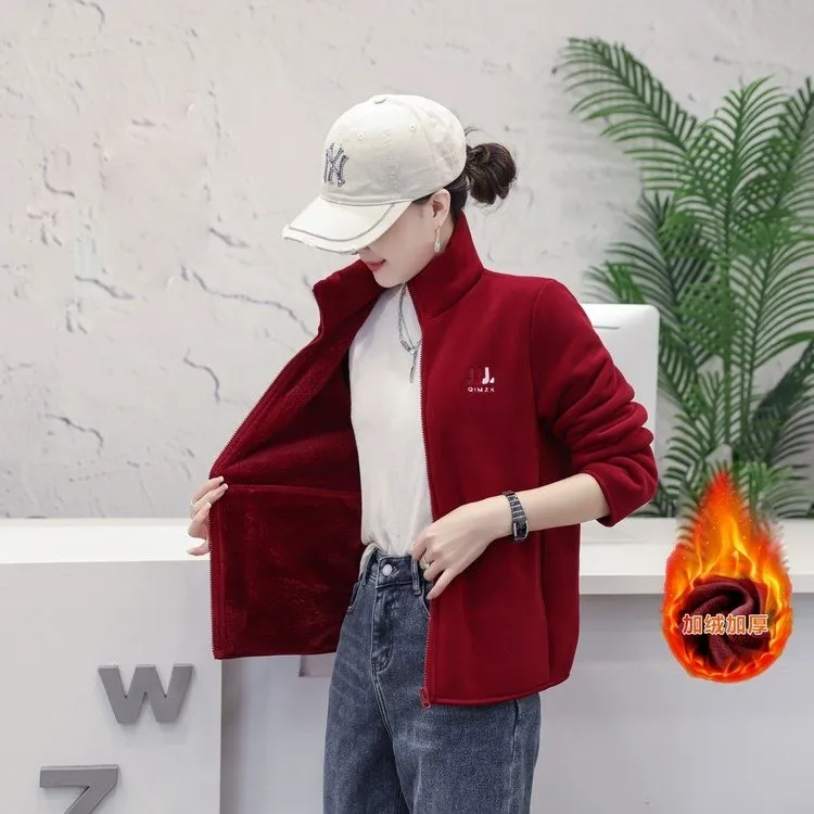 中年妈妈时尚秋冬摇粒绒外套中老年女士新款宽松拉链夹克加厚上衣