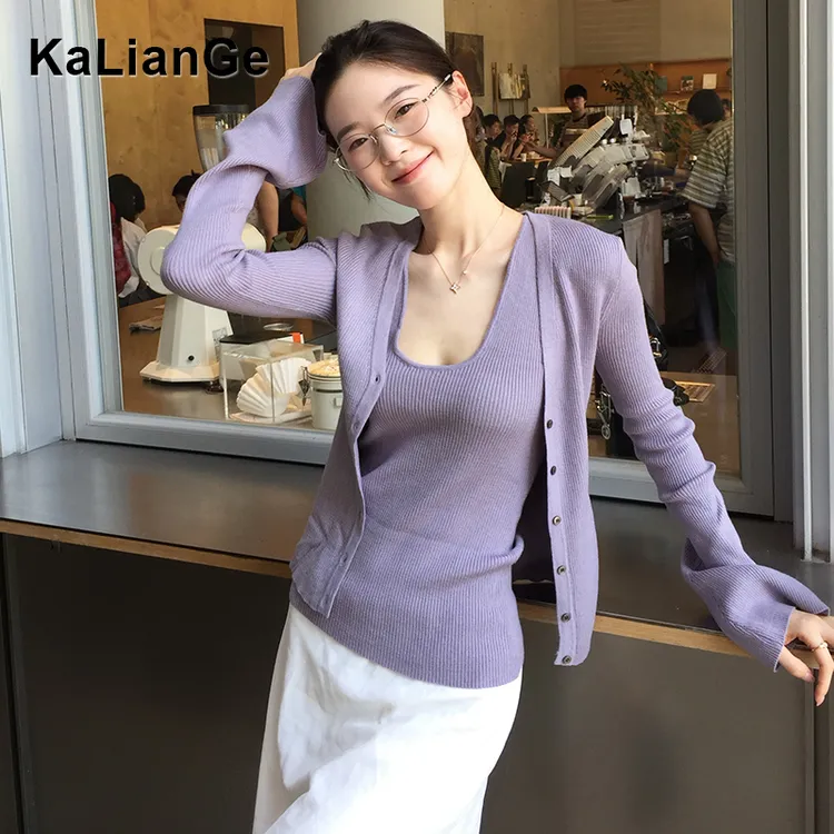 卡莲格/温柔风穿搭两件套女早秋高级感紫色针织背心开衫外套上衣