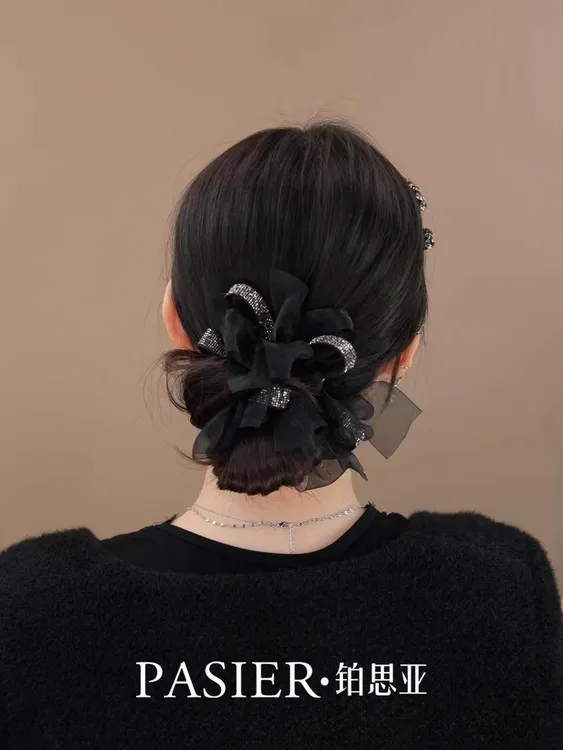 铂思亚闪耀蝴蝶结大肠发圈新款精致减龄低丸子头绳蓬松橡皮筋发饰