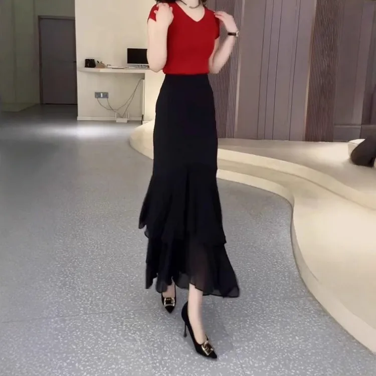 黑色不规则鱼尾半身裙女2025夏季新款高腰显瘦宽松时尚百搭休闲裙