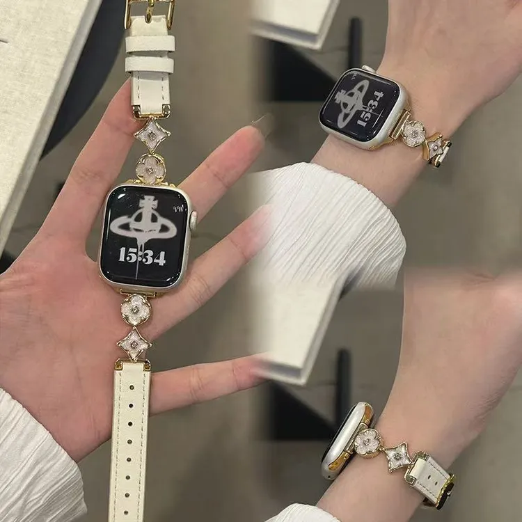 适用Apple苹果iwatchS10987654千金风鎏金皮质金属轻奢腕带手表带