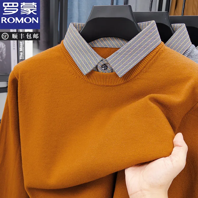 罗蒙2025秋冬季中年男士含绵羊毛时尚休闲假两件条纹衬衫领针织衫