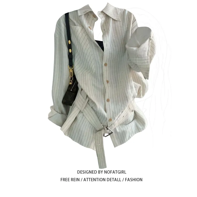 大码胖MM韩系设计感收腰条纹衬衫女秋季新款宽松显瘦长袖复古上衣