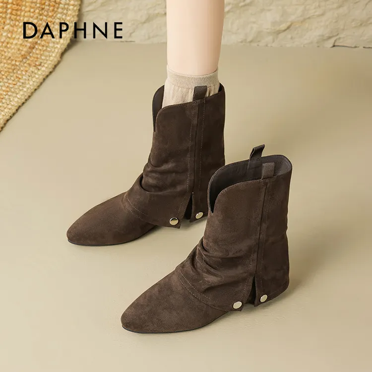 达芙妮美拉德堆堆靴女2025新款秋季尖头裤管靴西部棕色短靴马丁靴