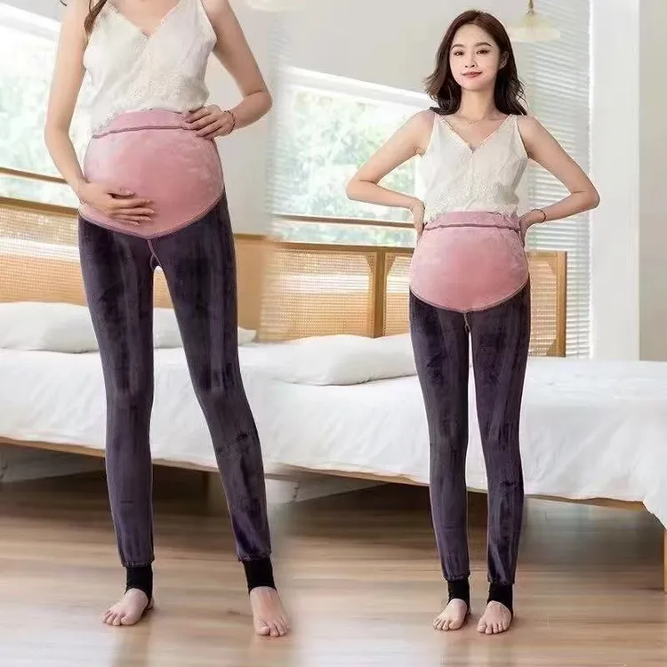 孕妇冬款加绒黑色一字档踩脚打底裤