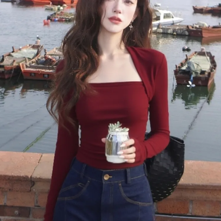 秋冬巨好看的设计感上衣韩系洋气减龄轻奢高级感红色长袖打底T恤