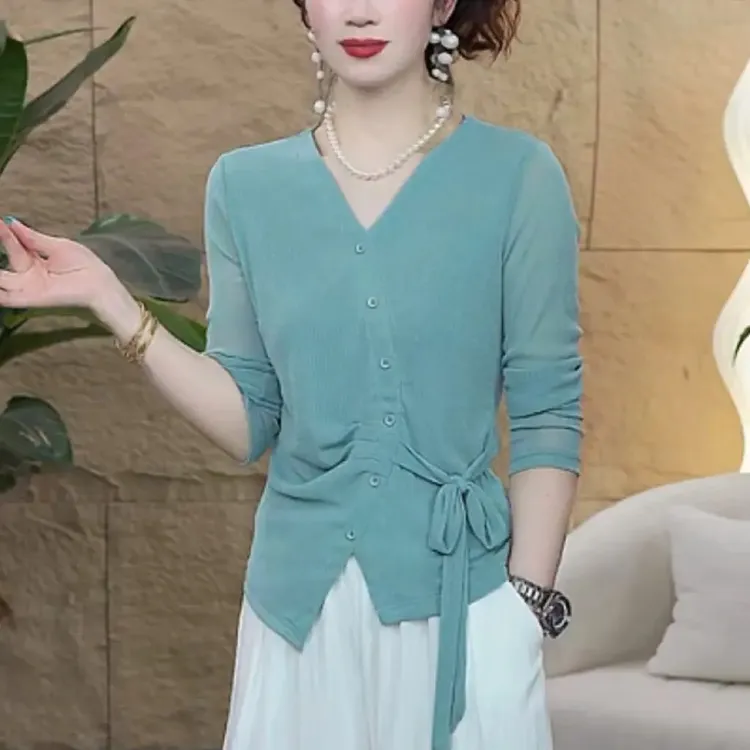 2025年早秋新款显瘦气质网纱绑带V领长袖百搭小衫#8811