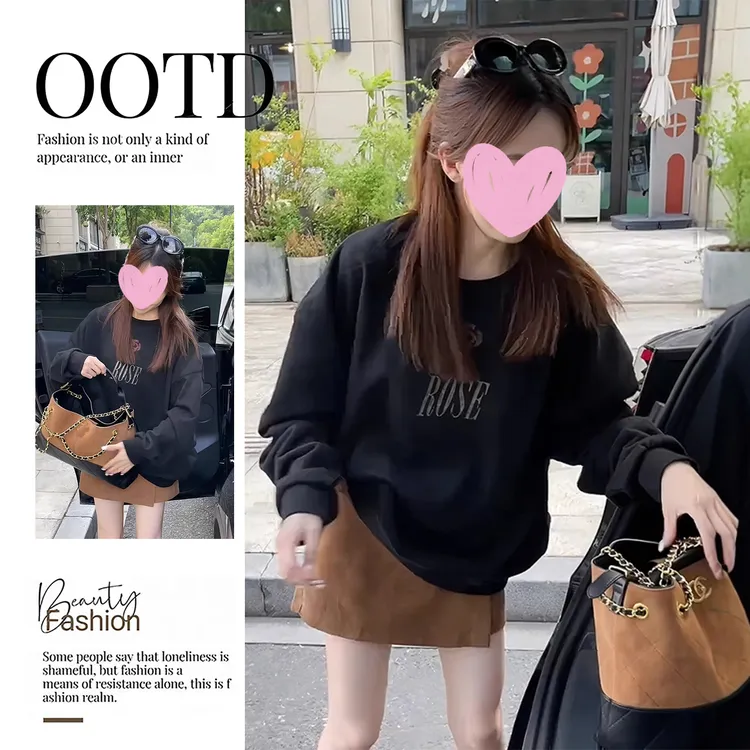 韩版圆领玫瑰印花套头长袖卫衣女秋季新款慵懒风宽松显瘦休闲上衣