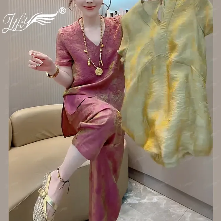 新款中式国风设计感女装2025时尚气质琉璃缎渐变色提花减龄套装潮