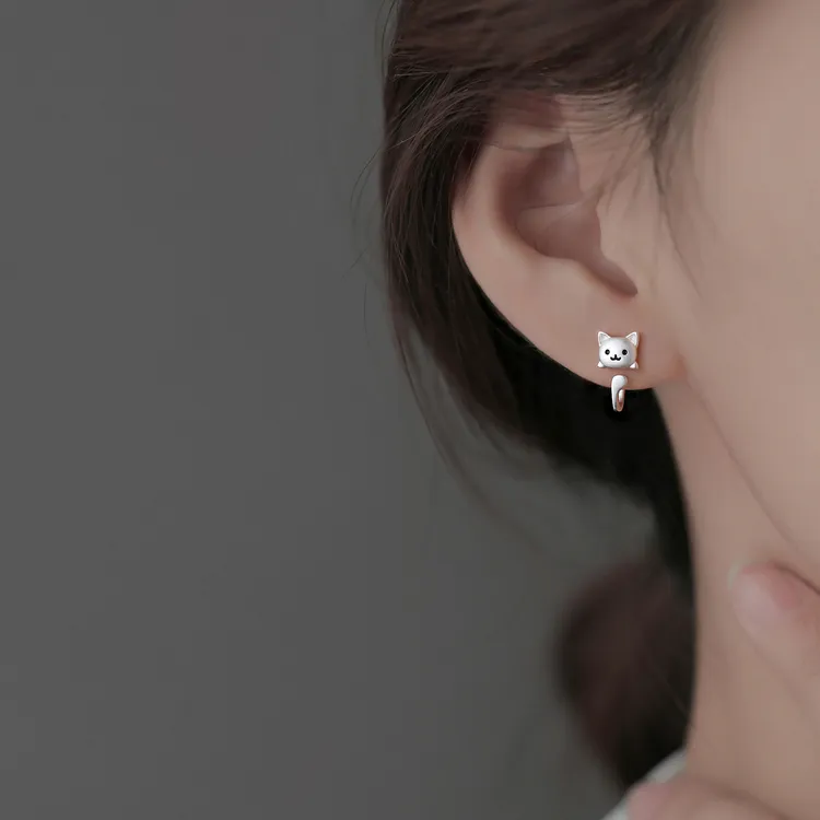 足银耳饰 999纯银猫咪耳钉小众设计感甜美气质耳环女可爱百搭两戴