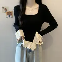 大码秋装纯欲风女装胖mm甜辣妹不规则显瘦针织衫修身方领上衣