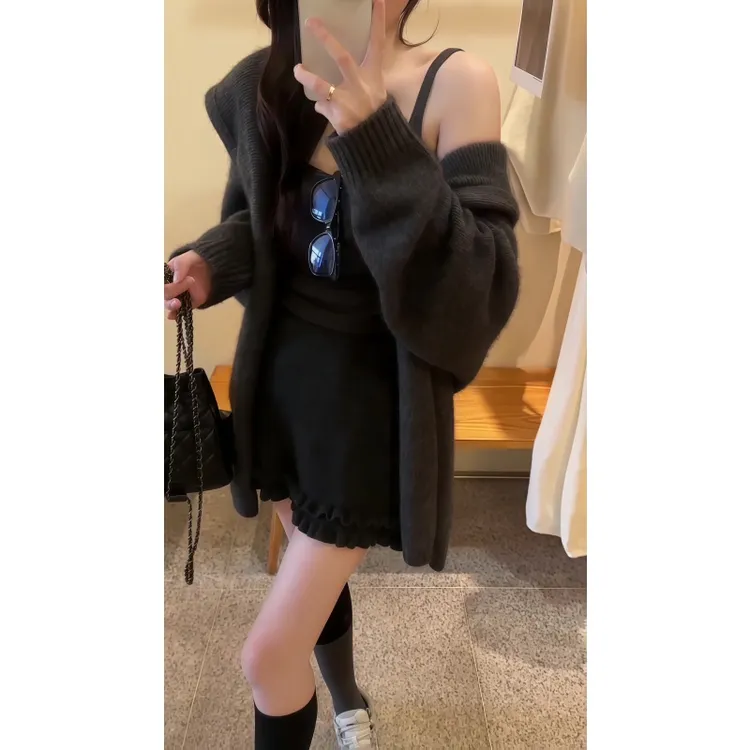 复古慵懒风软糯毛衣开衫纯欲针织背心两件套高腰气质显瘦百搭短裙