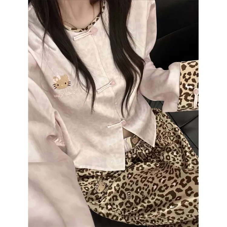 新中式国风设计高级感豹纹睡衣女款春秋季新款家居服两件套可外穿