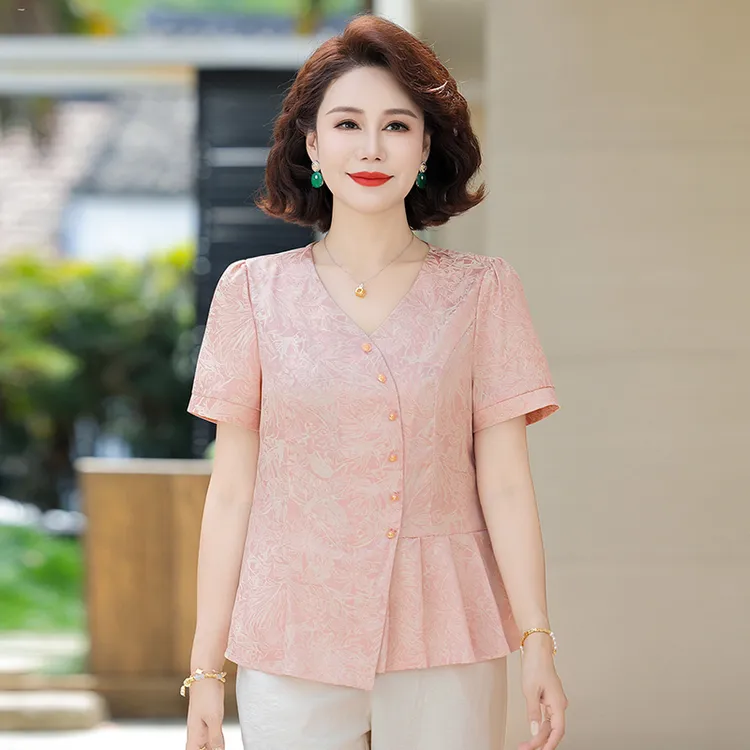 中老年女装小衫夏季新款洋气不规则下摆时尚妈妈装提花短袖上衣女