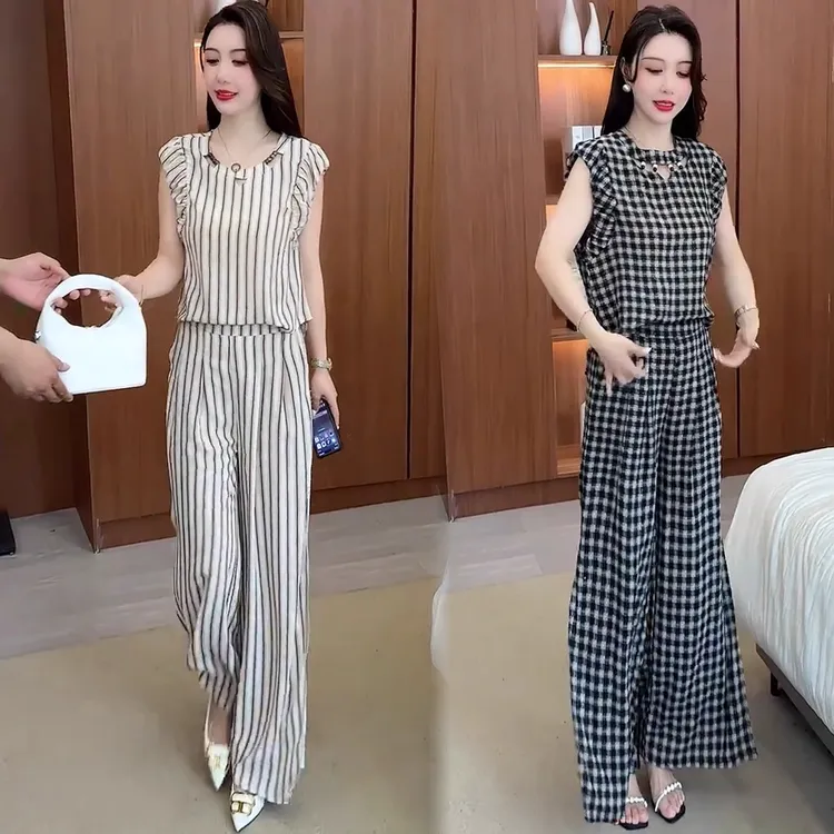 时尚套装女2025夏季新款洋气显瘦设计感圆领上衣阔腿裤撞色两件套