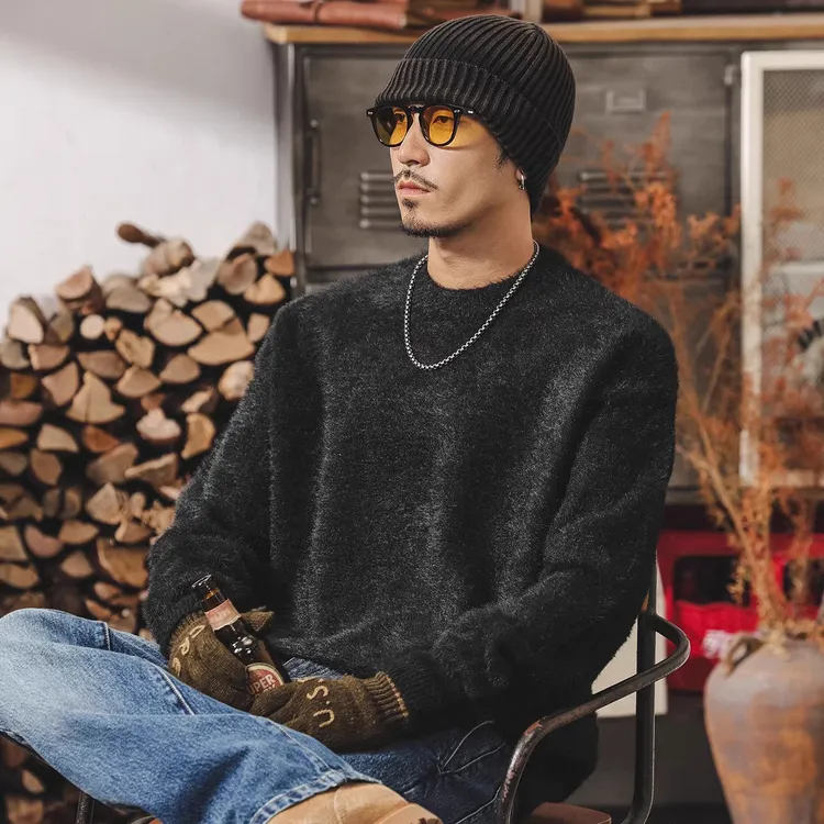美式复古黑色毛衣男士冬季厚款保暖绒感宽松潮牌内搭打底针织衫男