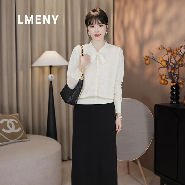 LMENY“福蝶结”优雅灵动～绵羊毛蝴蝶结飘带蕾丝提花针织衫25DM006