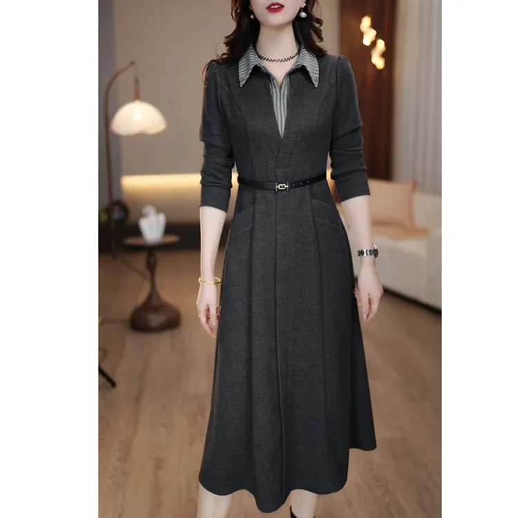 时尚气质显瘦长袖假两件拼接毛呢打底连衣裙女秋冬中长款修身裙子