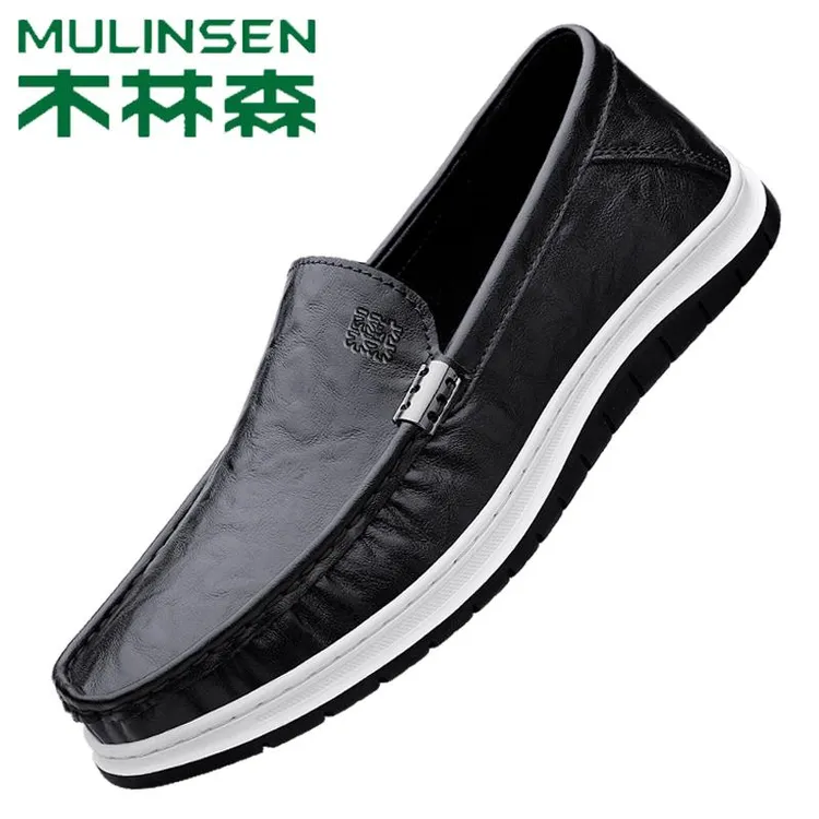 木林森舒适耐磨2025新款正品厚底休闲皮鞋男士一脚蹬懒人爸爸鞋