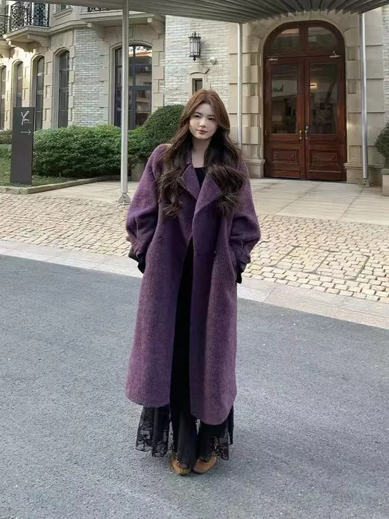 冬季氛围感｜大码紫色气质御姐风大衣ins长款宽松显瘦时尚毛呢外套