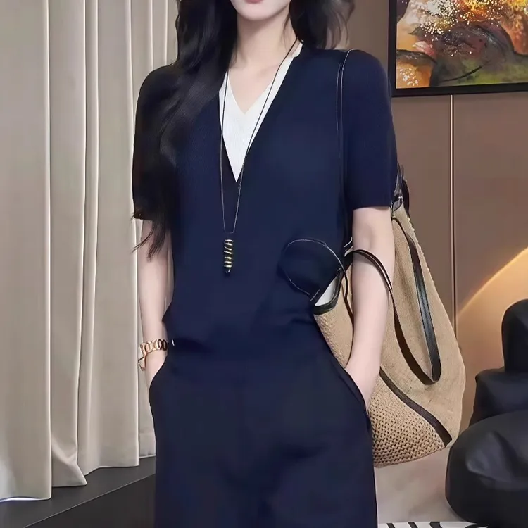 撞色假两件V领针织衫女夏季薄款胖MM大码女装宽松韩系高级感上衣