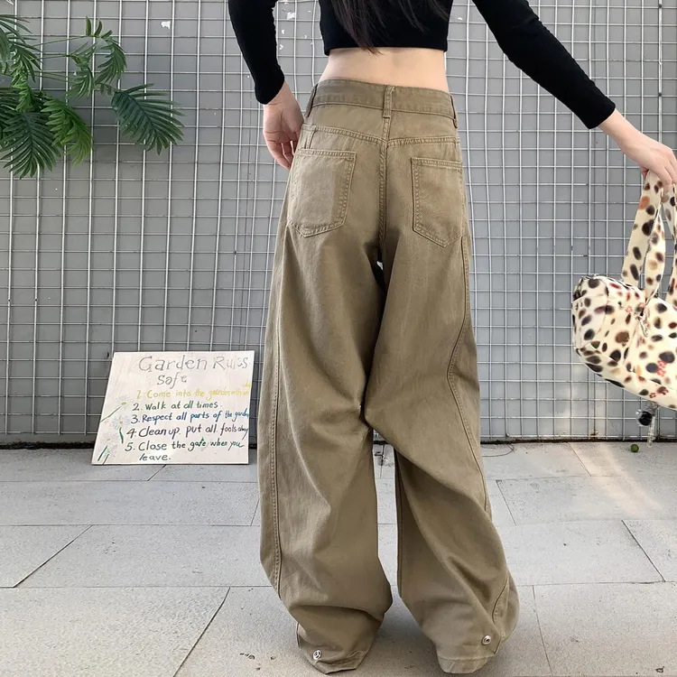 复古咖色高腰牛仔裤女宽松显瘦水洗工装阔腿裤春秋做旧直筒拖地裤