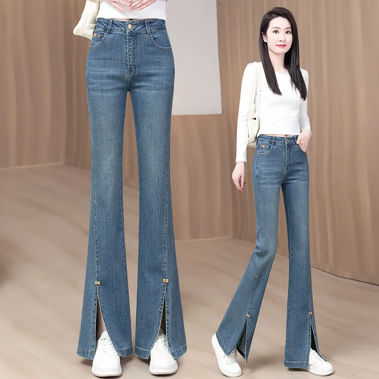 欧若风高腰喇叭牛仔裤女马蹄裤2025年春季修身弹力显瘦开叉微喇裤