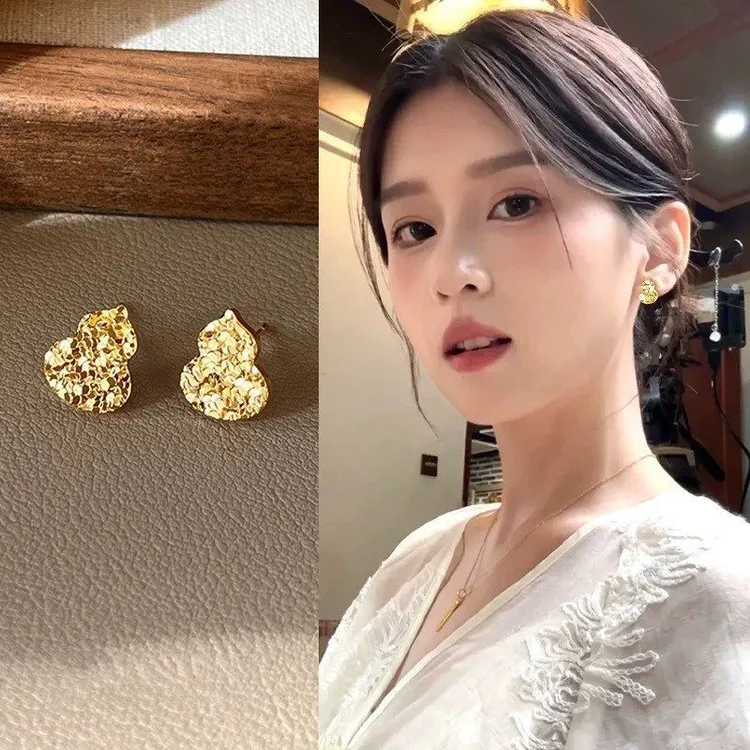 合金耳饰 碎冰冰金色葫芦耳钉女2025新款小众设计感耳环复古气质