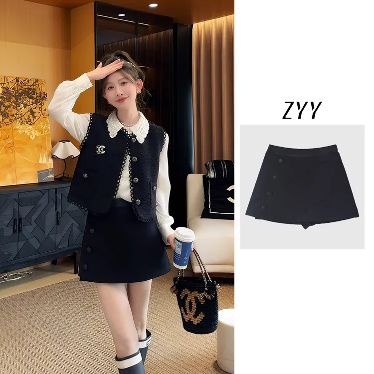 ZYY【尘光漫絮】2025/S新品双腰头拼皮正装围裹短裙裤女X25QDQ03828