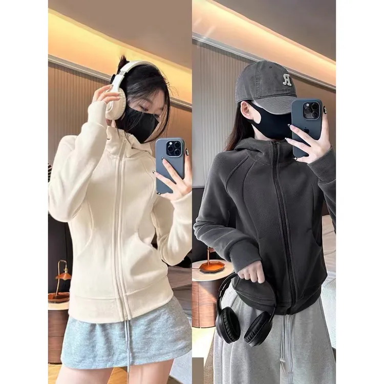 lulu同款连帽开衫卫衣外套女秋冬加绒加厚修身显瘦重磅双面奥粒绒